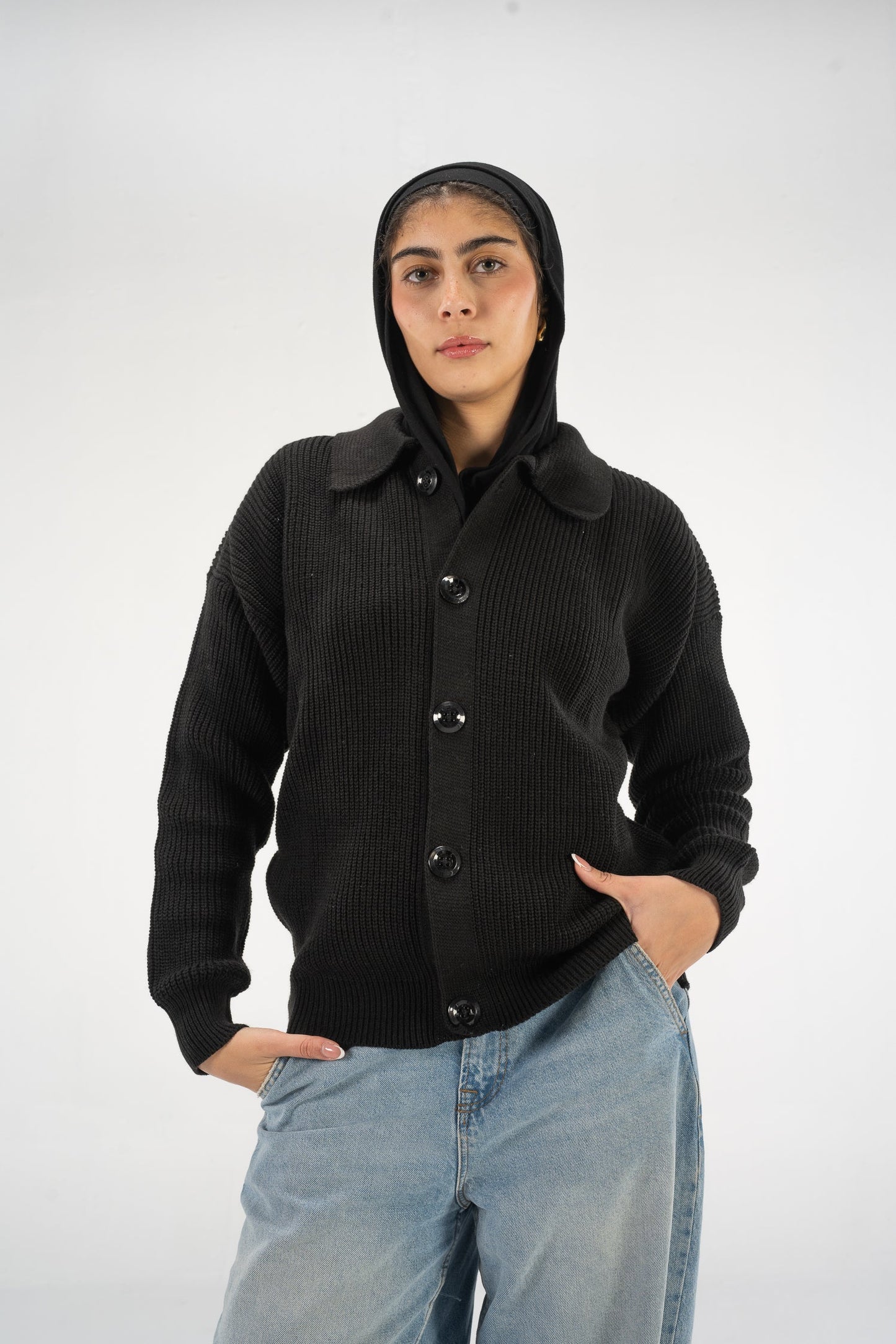 Black Knitted Button Up