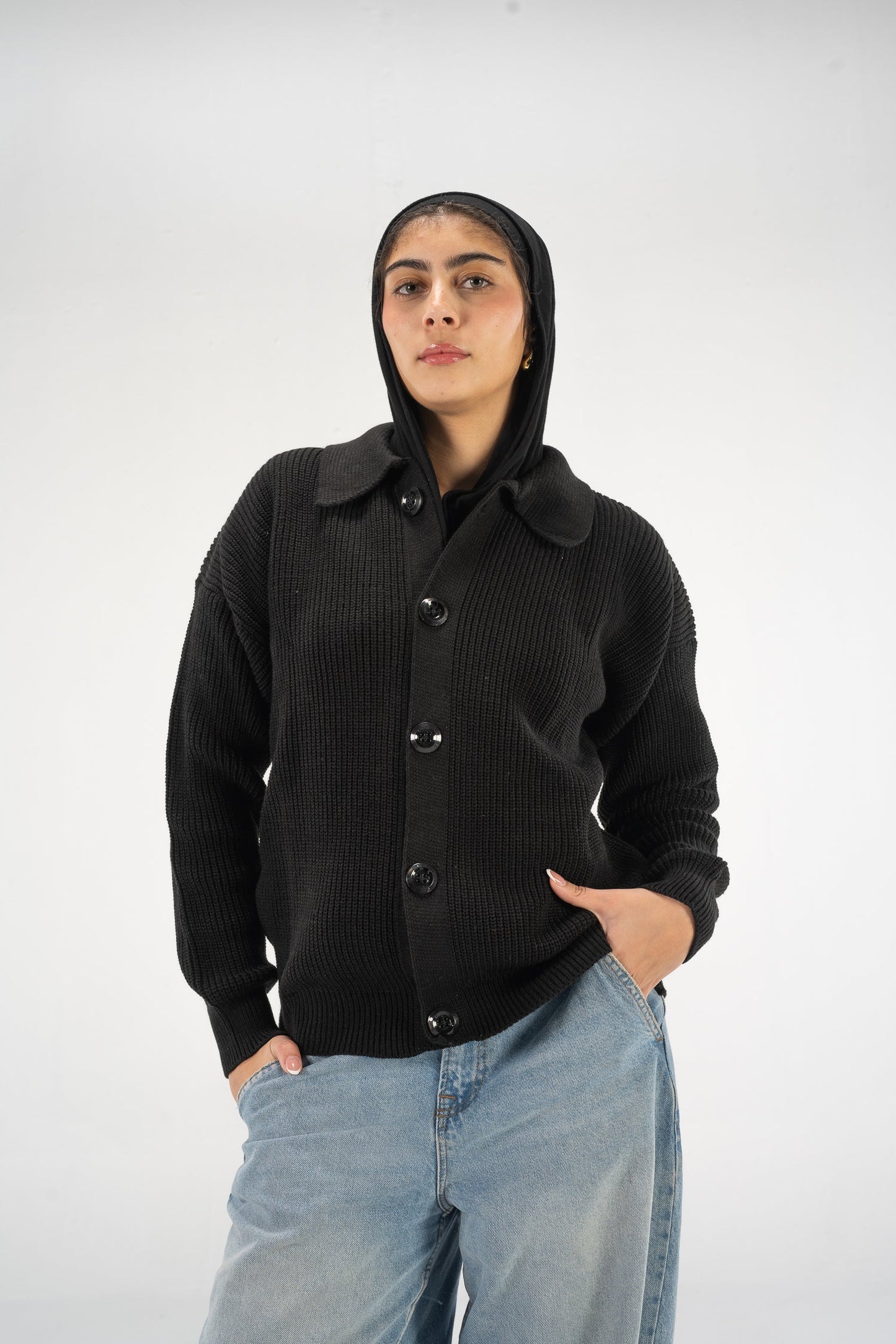 Black Knitted Button Up