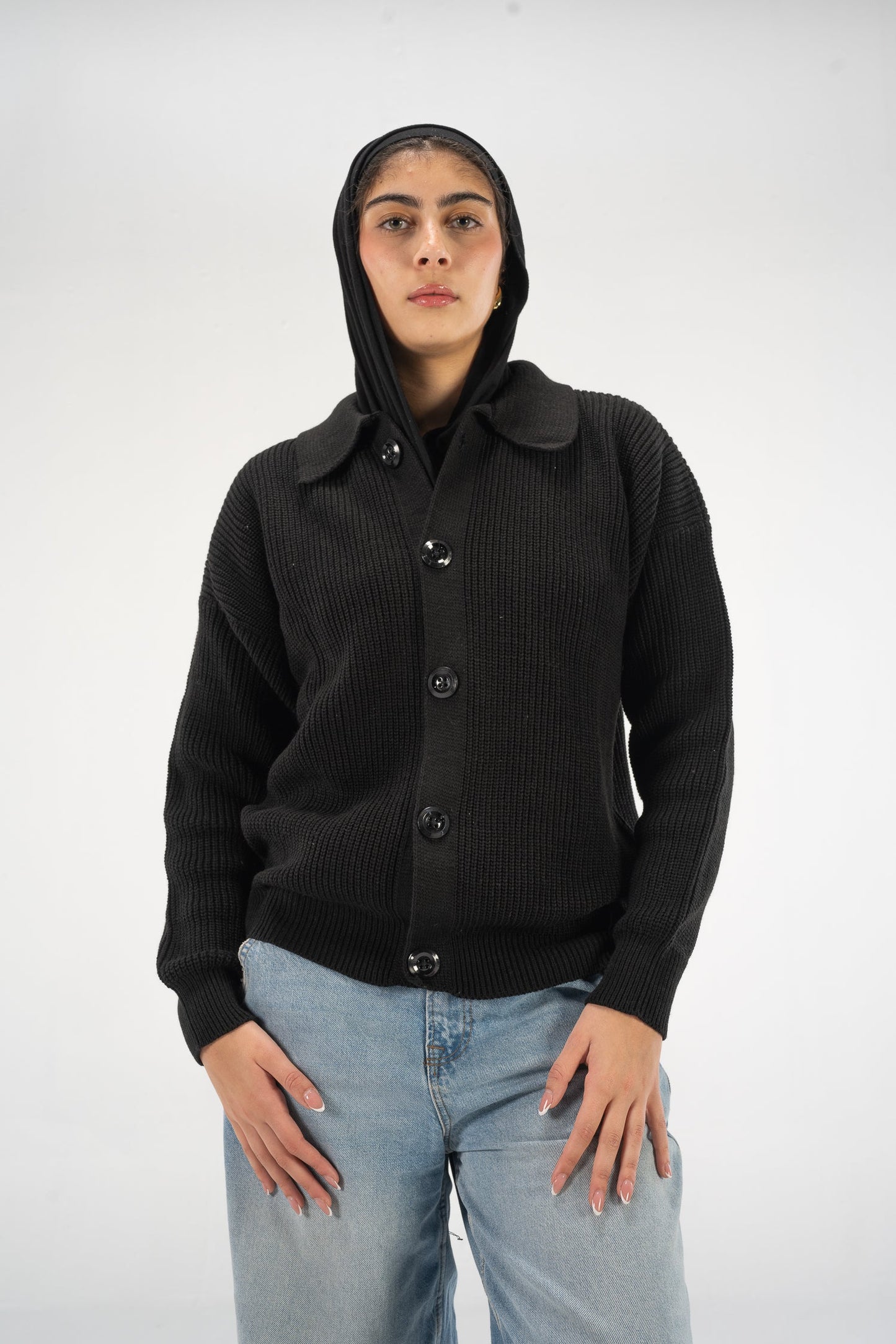 Black Knitted Button Up