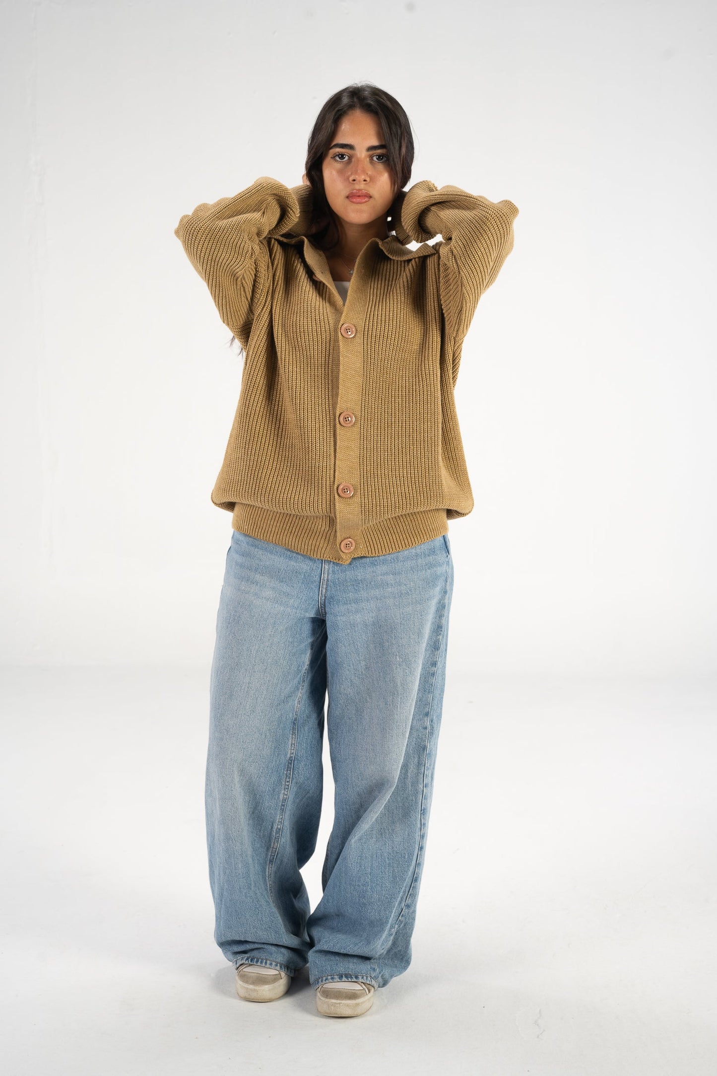 Camel Knitted Button Up