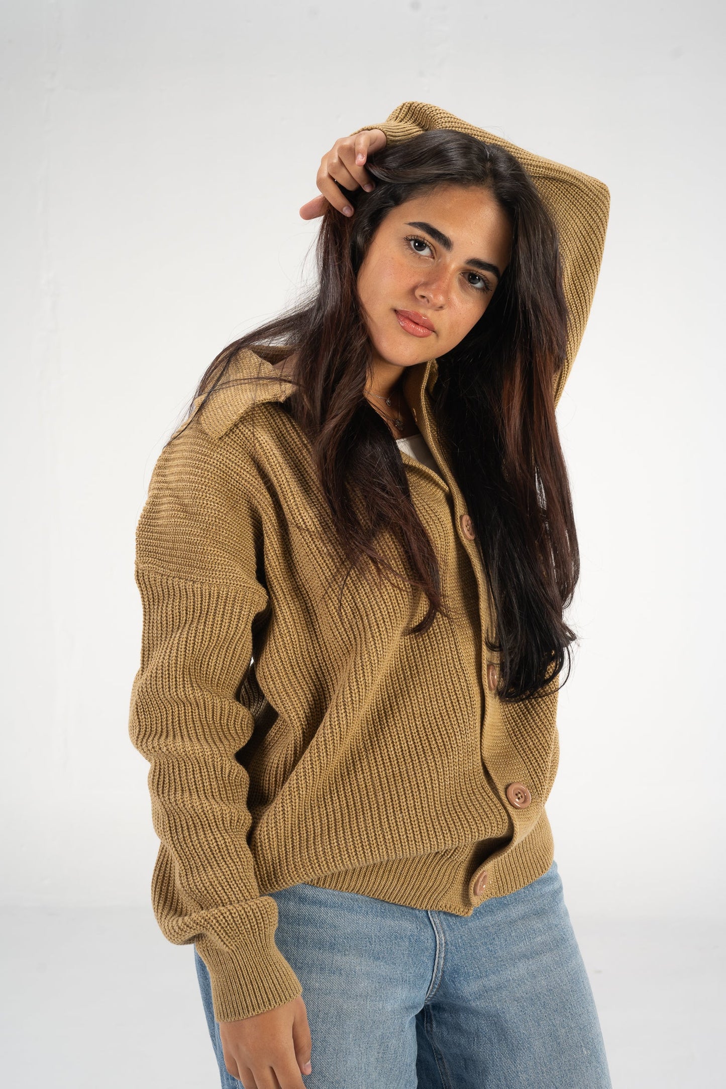 Camel Knitted Button Up